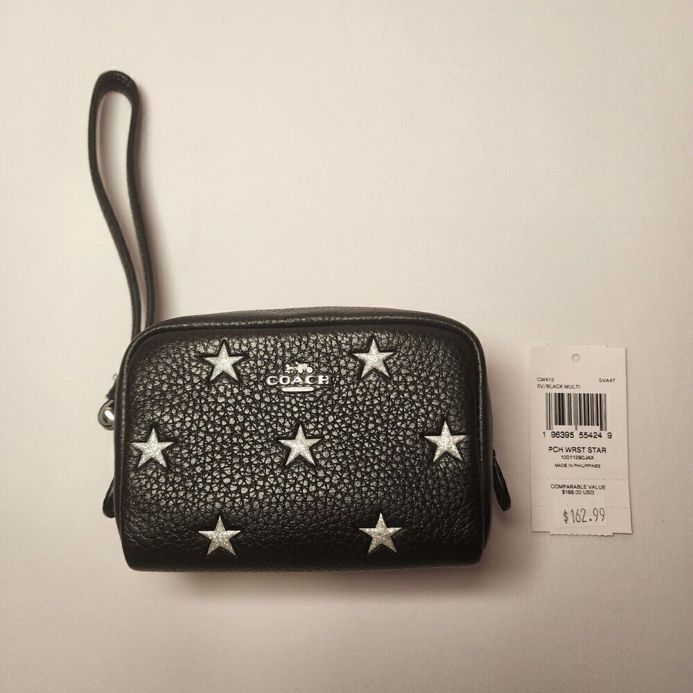 NWT COACH CW413 Pouch Wristlet With Star Print in Refine Pebble Leather Black